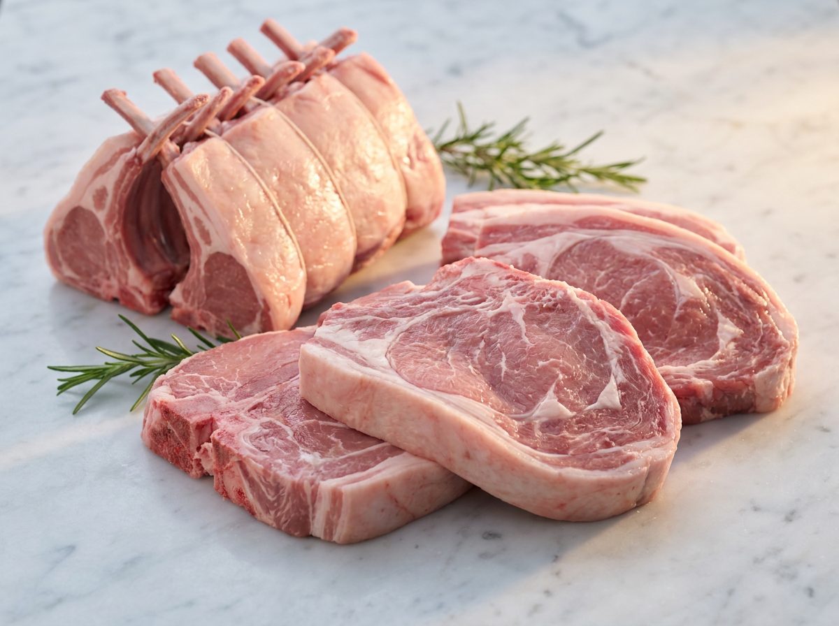 قطع لحم غنم طازجة مرتبة على سطح رخامي